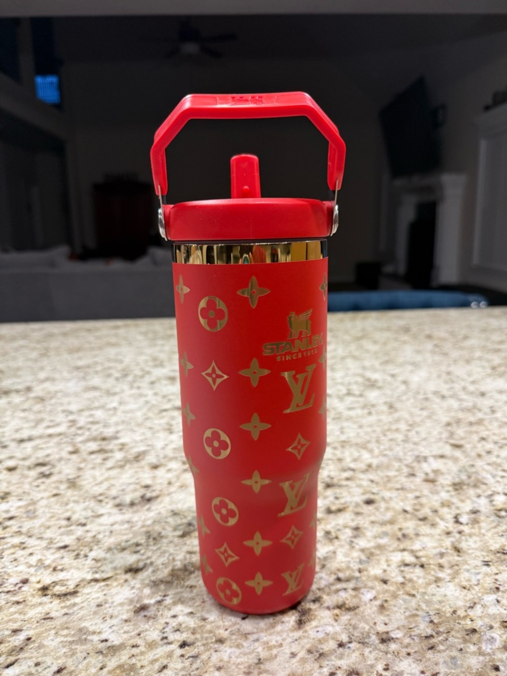 Stanley Quencher H2.0 Red/Gold Logo Pattern Tumbler w/ Handle Lid Straw 40oz